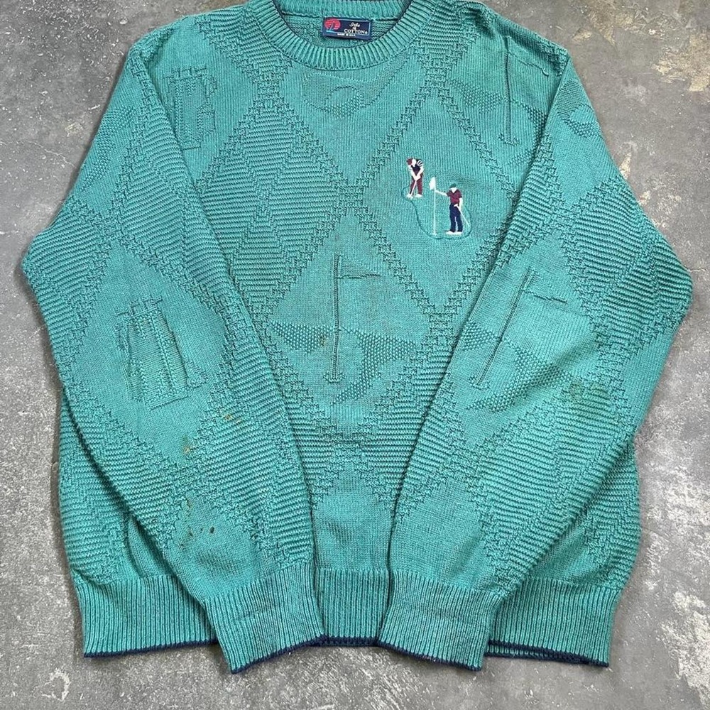 Vintage Isle of Cotton Golf Knit Sweater Mens Large Green Blue USA Made 90s
